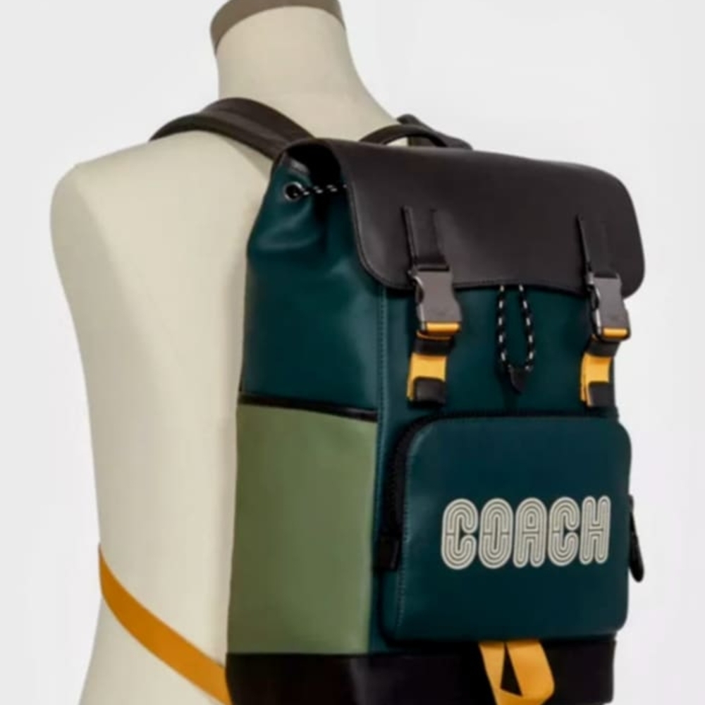 Coach Men's Green and Black Backpack with Yellow Details